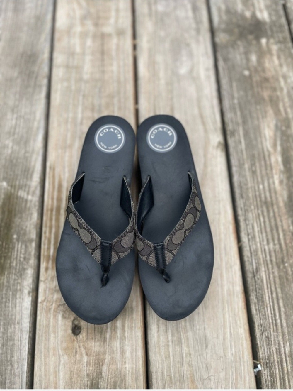 Coach Black Flip Flop Platform Sandals with Black Signature Canvas Straps